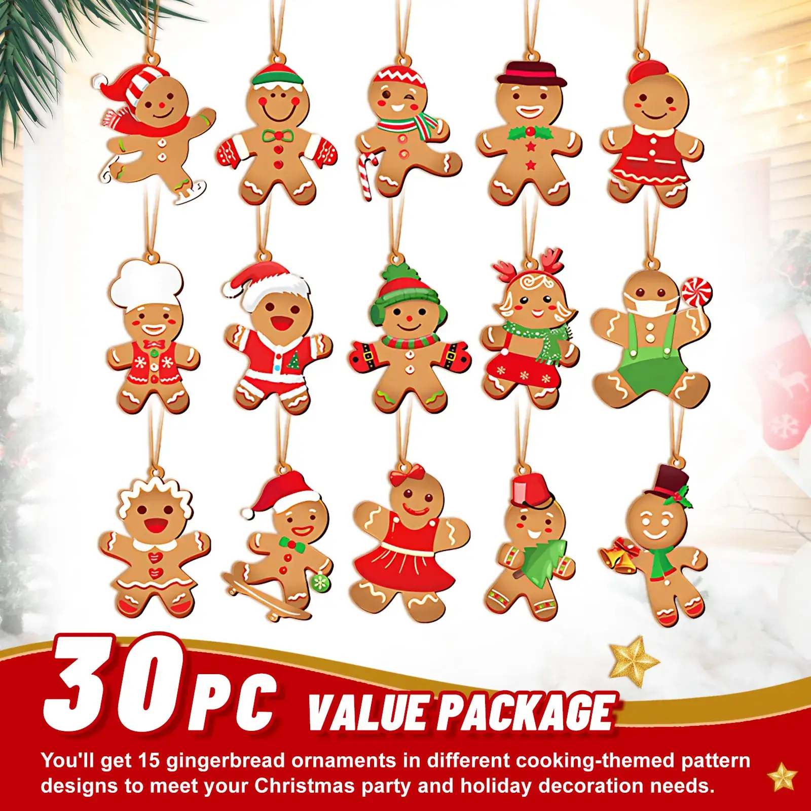Christmas Gingerbread Men Decorative Hangers 15 Pcs Wooden