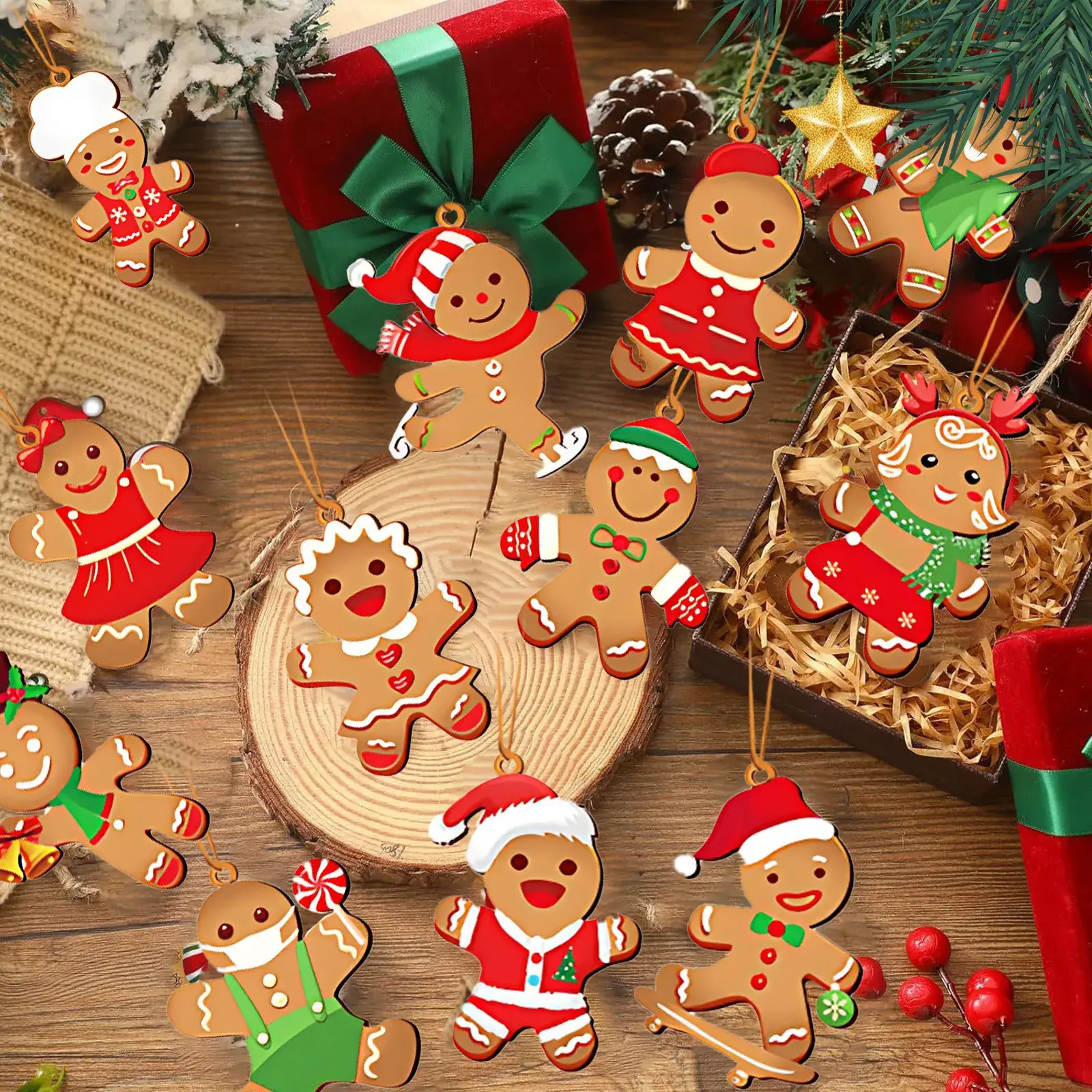 Christmas Gingerbread Men Decorative Hangers 15 Pcs Wooden