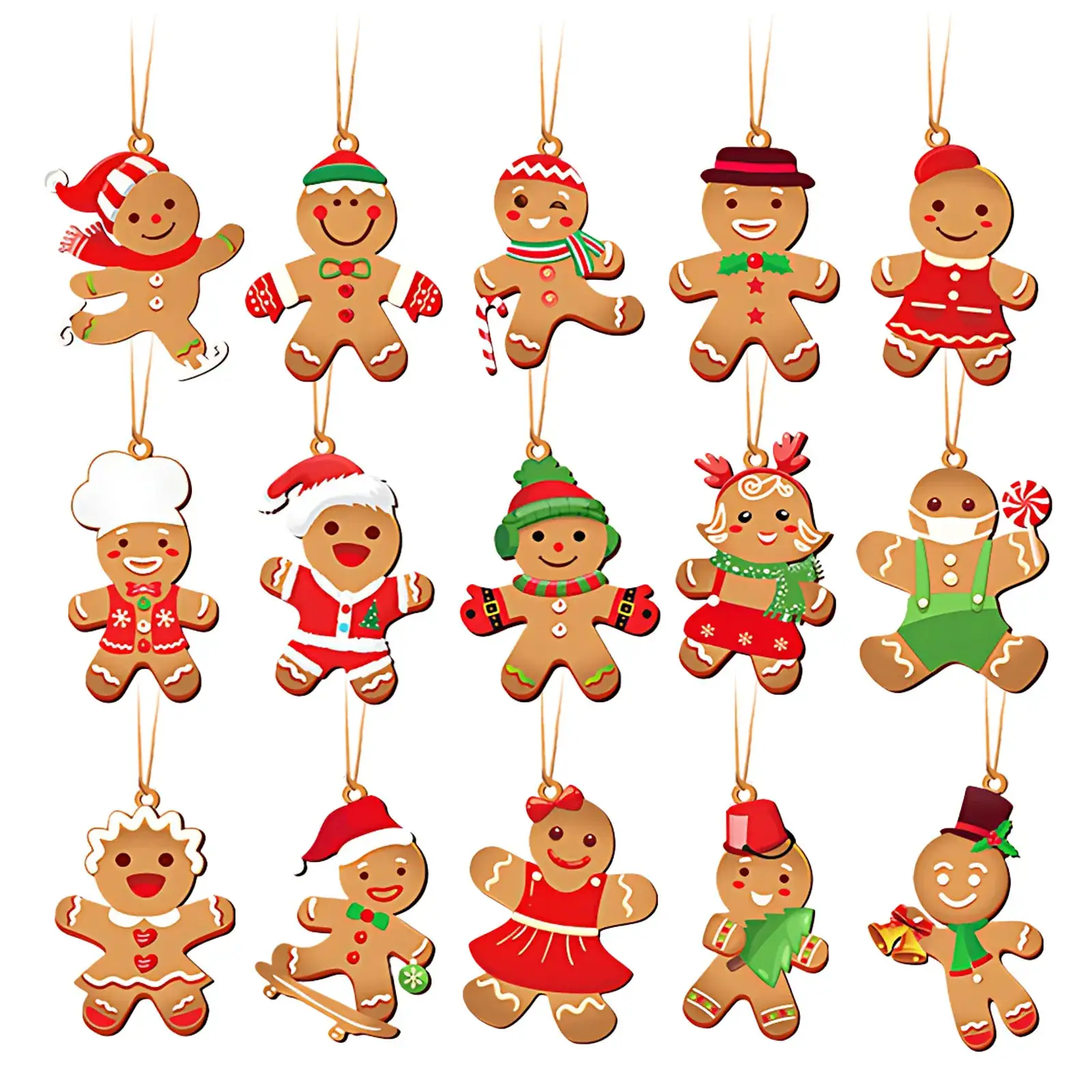 Christmas Gingerbread Men Decorative Hangers 15 Pcs Wooden