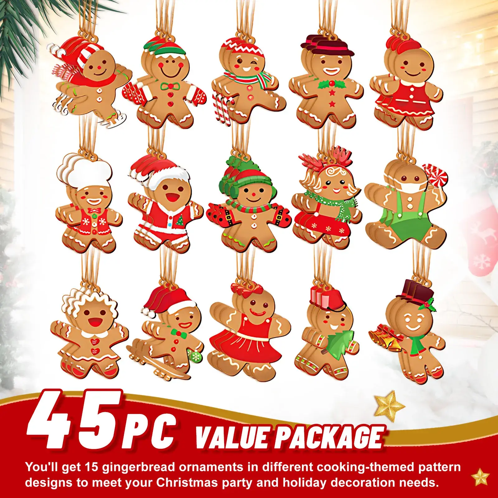 Christmas Gingerbread Men Decorative Hangers 15 Pcs Wooden