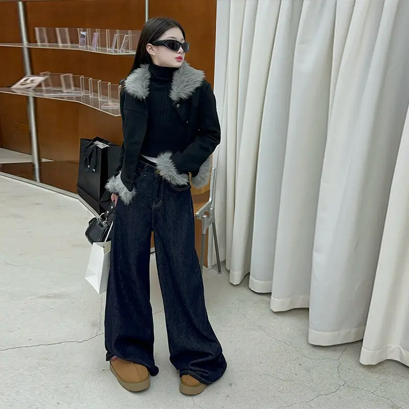 Dark Blue Wide Leg Jeans for Girls New Hong Kong Style - Image 3