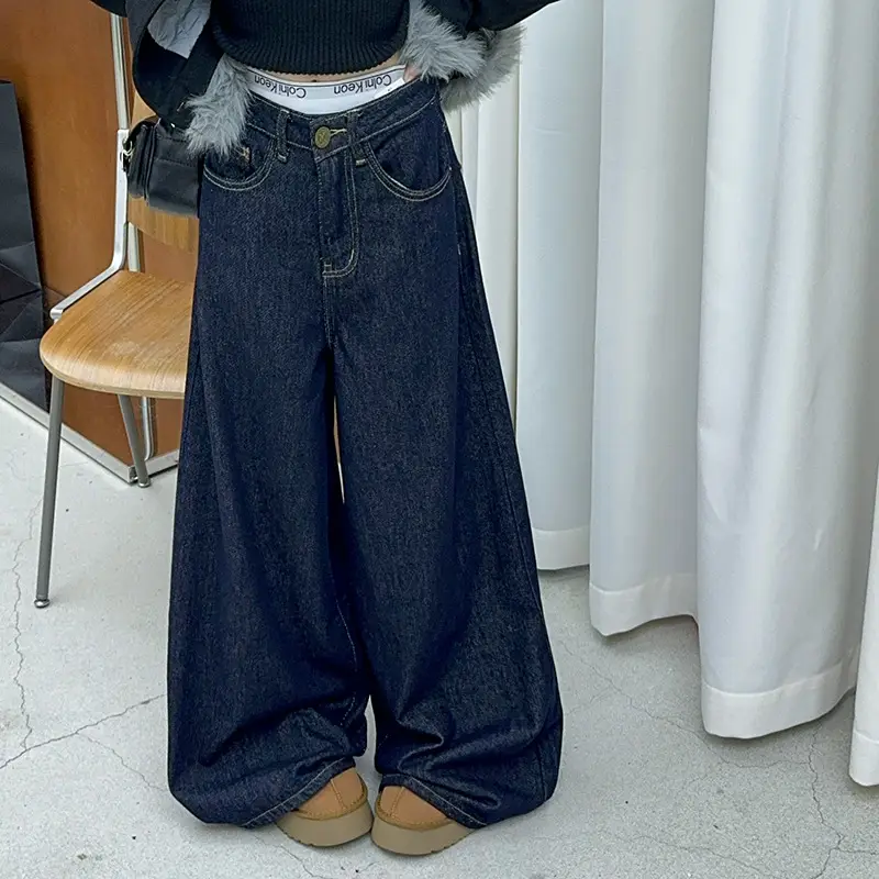 Dark Blue Wide Leg Jeans for Girls New Hong Kong Style - Image 4