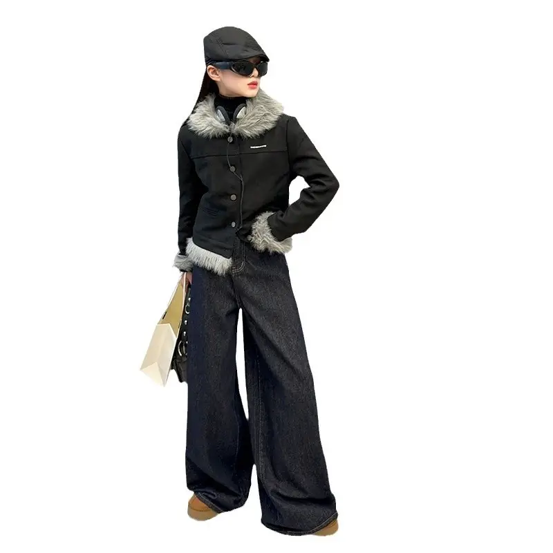 Dark Blue Wide Leg Jeans for Girls New Hong Kong Style - Image 6