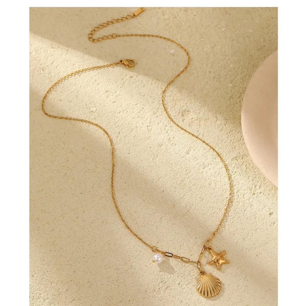 18K True Gold Pearl Shell Starfish Necklace