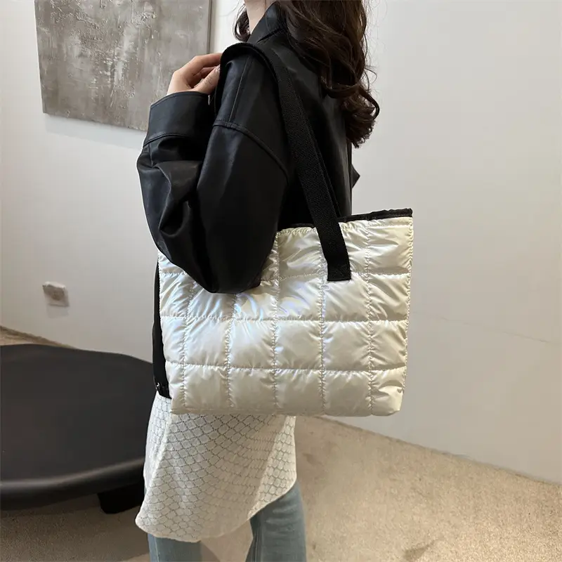 2024 Retro Style Cotton Shoulder Tote Bag Silver Black - Image 6