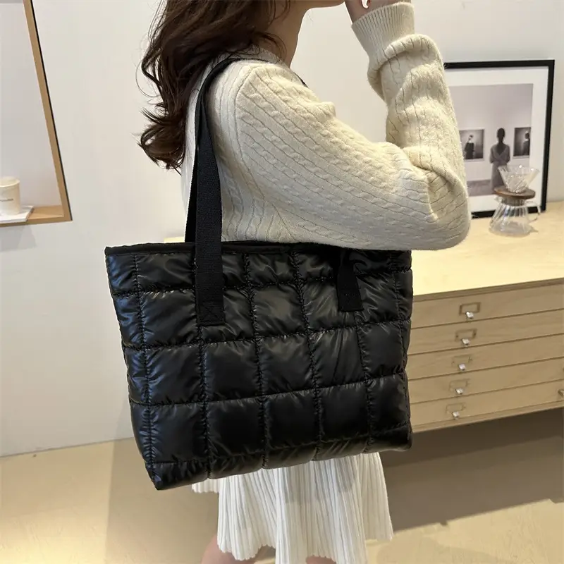 2024 Retro Style Cotton Shoulder Tote Bag Silver Black - Image 7