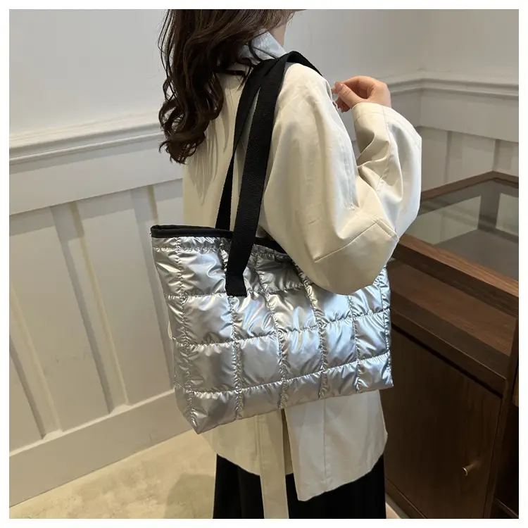2024 Retro Style Cotton Shoulder Tote Bag Silver Black — feature 29