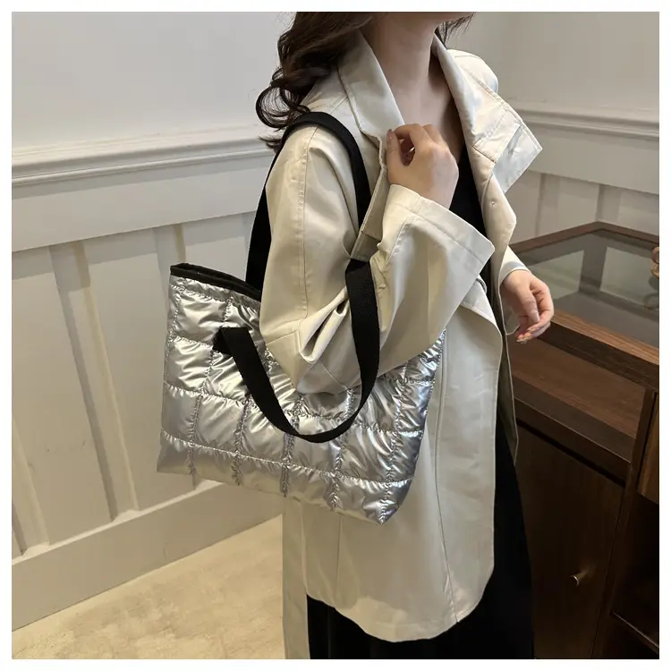 2024 Retro Style Cotton Shoulder Tote Bag Silver Black — feature 30
