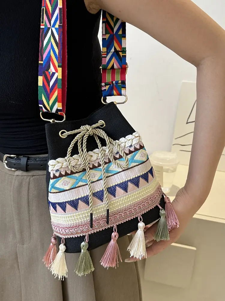 Ethnic Tassel Handbag Women Blue Red Crossbody Bag