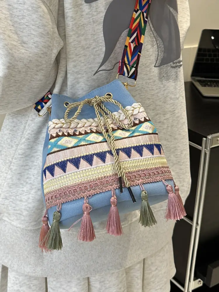 Ethnic Tassel Handbag Women Blue Red Crossbody Bag