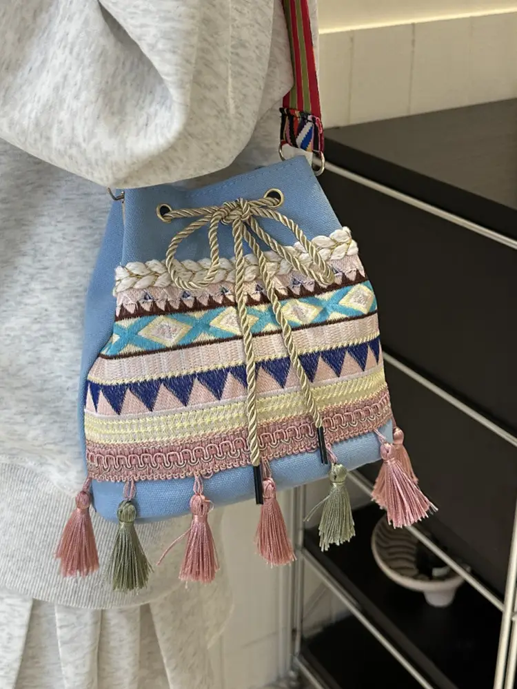 Ethnic Tassel Handbag Women Blue Red Crossbody Bag