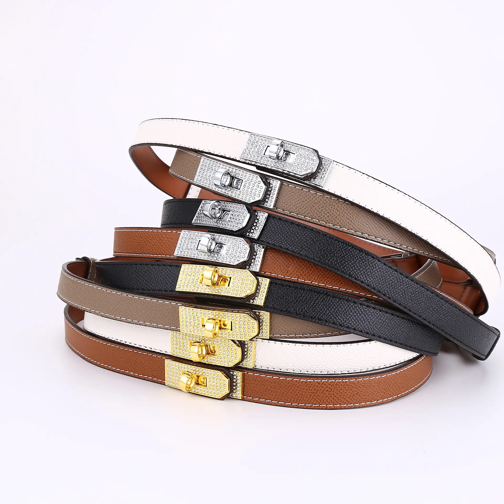 Women's Leather Belt with Diamond Clasp, Versatile Decorative Accessory — feature 1