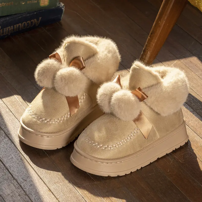 Winter New Arrival Bow Double Ball Snow Cotton Shoes Women's Fashionable Mid-Mouth Thick Sole Increased Warm Non-Slip Cotton Shoes - Image 2