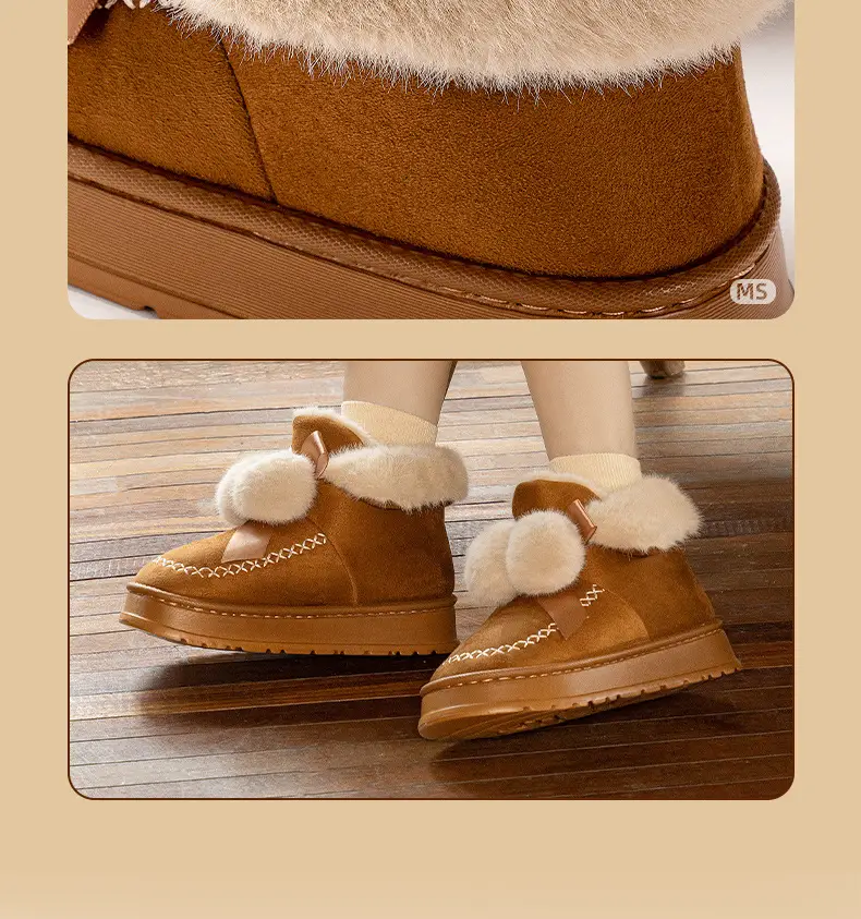Winter New Arrival Bow Double Ball Snow Cotton Shoes Women's Fashionable Mid-Mouth Thick Sole Increased Warm Non-Slip Cotton Shoes — feature 14