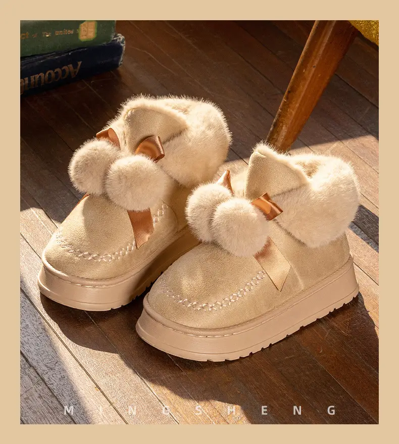 Winter New Arrival Bow Double Ball Snow Cotton Shoes Women's Fashionable Mid-Mouth Thick Sole Increased Warm Non-Slip Cotton Shoes — feature 7
