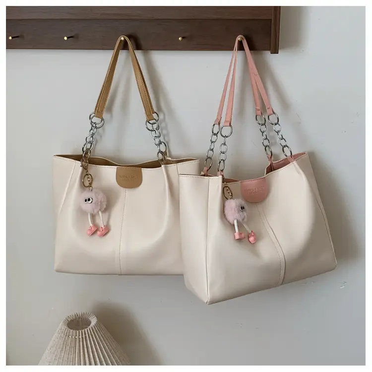 Women's 2024 Shoulder Bag with Doll Keychain Beige - Image 5