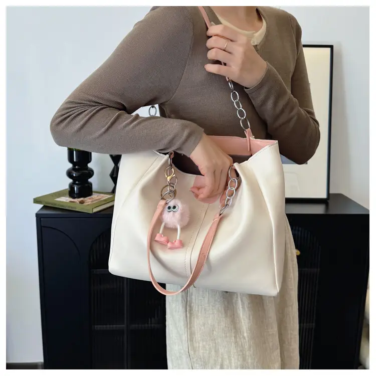 Women's 2024 Shoulder Bag with Doll Keychain Beige - Image 7