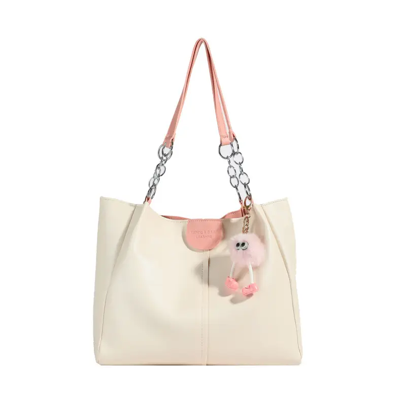 Women's 2024 Shoulder Bag with Doll Keychain Beige - Image 8