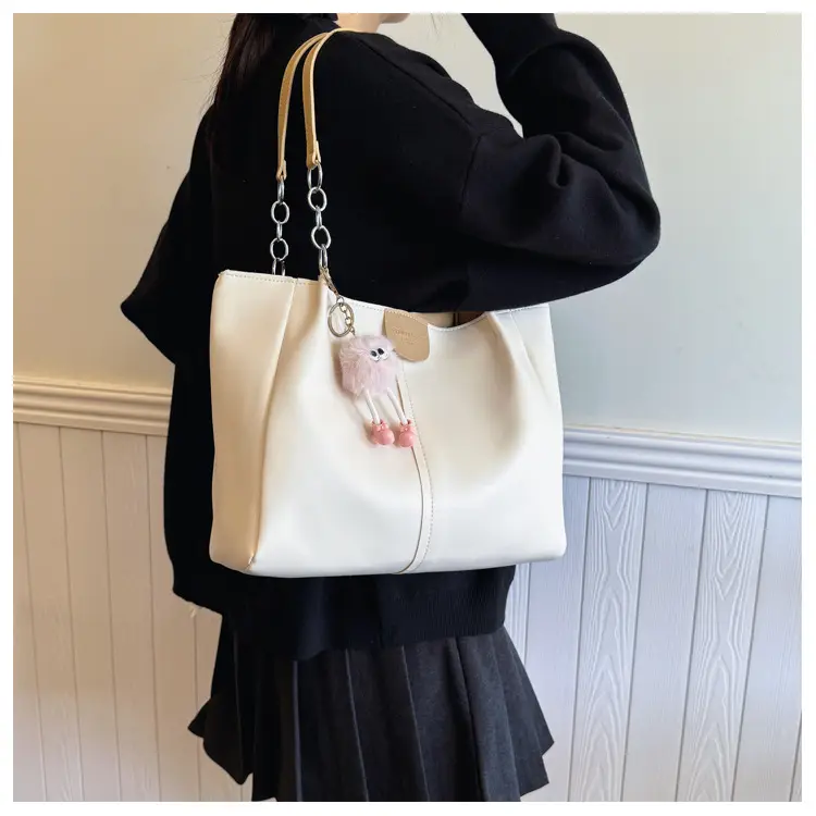 Women's 2024 Shoulder Bag with Doll Keychain Beige — feature 13