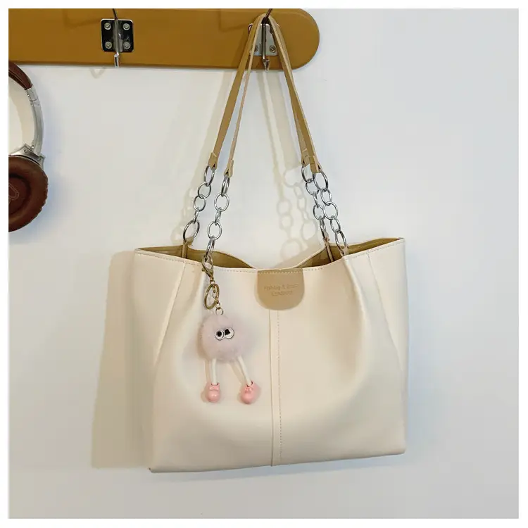 Women's 2024 Shoulder Bag with Doll Keychain Beige - Image 4