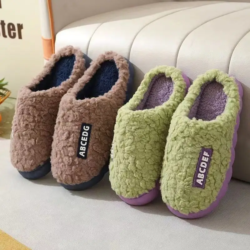 Winter fleece-lined Thick Bottom Trendy Outfit Couple Cotton Slippers Home Room Velvet Warm Non-Slip Soft Bottom Cotton Slippers — feature 6