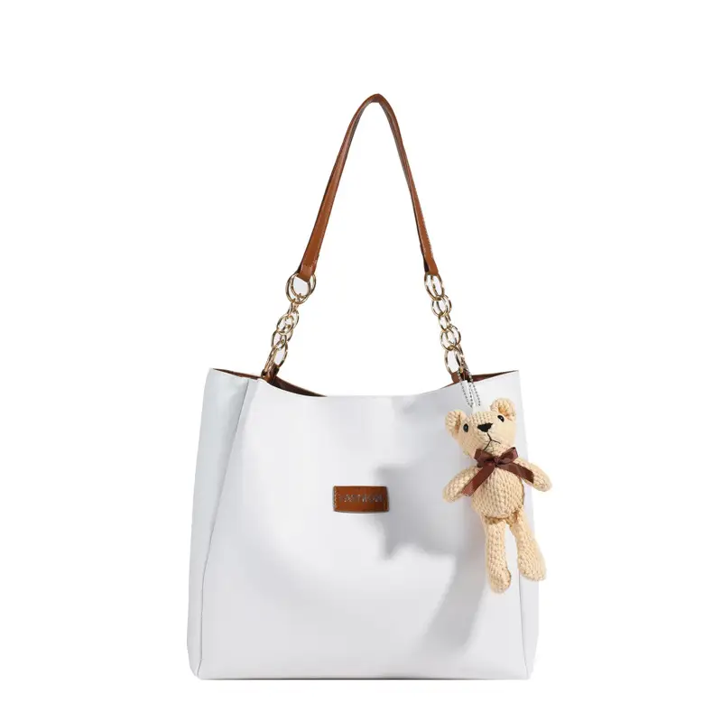 White Leather Tote Bag with Gold Chain Handle for Women - Image 9