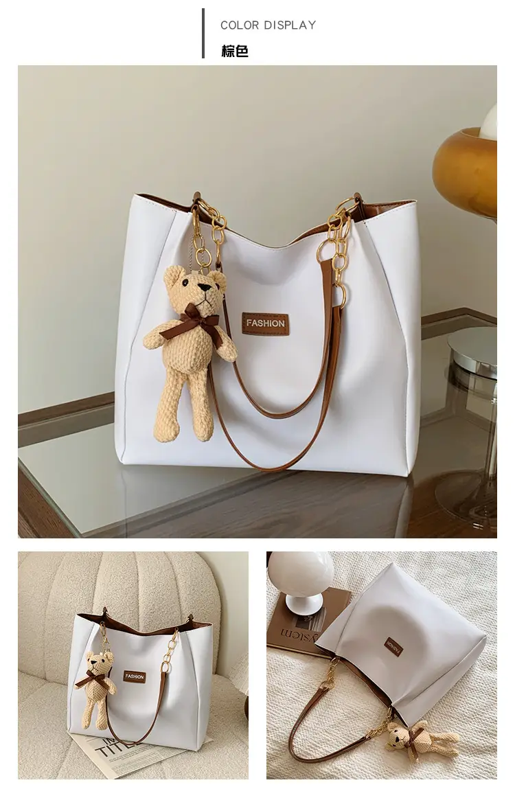 White Leather Tote Bag with Gold Chain Handle for Women — feature 23