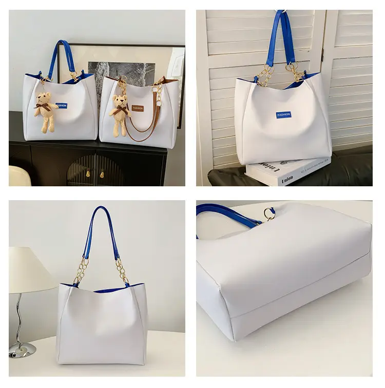 White Leather Tote Bag with Gold Chain Handle for Women — feature 9