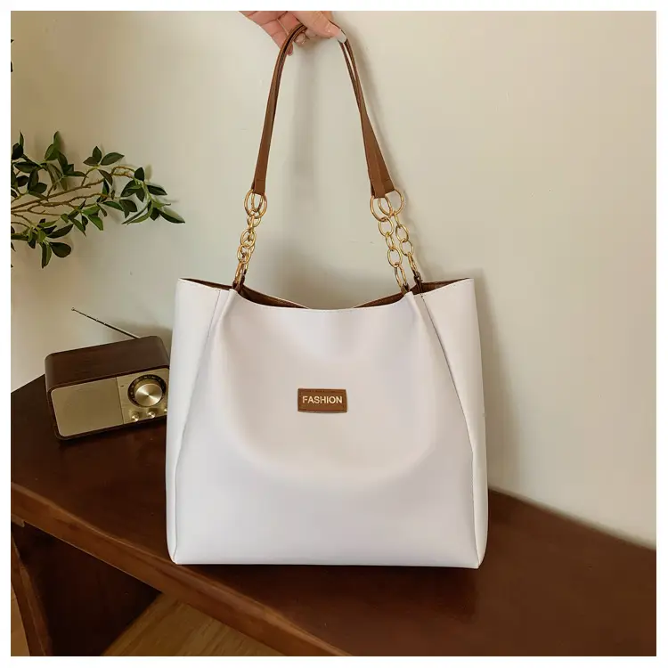 White Leather Tote Bag with Gold Chain Handle for Women - Image 2