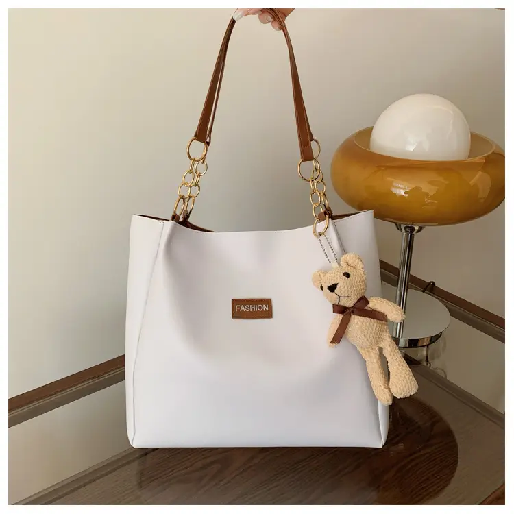 White Leather Tote Bag with Gold Chain Handle for Women - Image 4