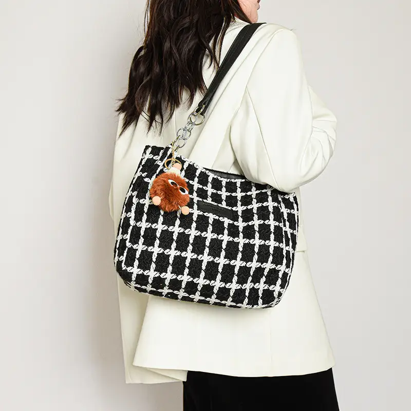 Women Woolen Plaid Shoulder Tote Bag Large Capacity 2024 - Image 7
