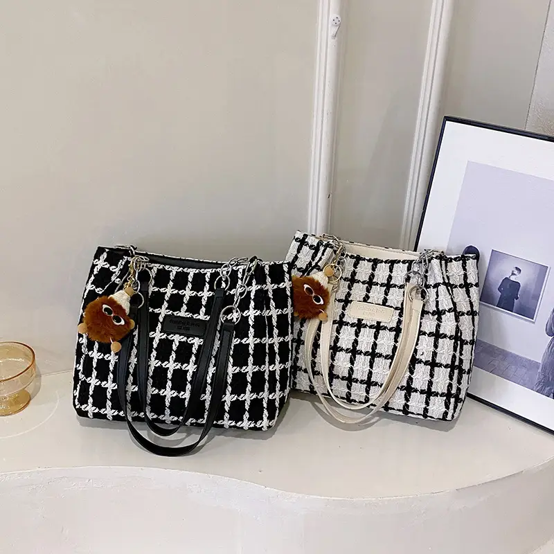 Women Woolen Plaid Shoulder Tote Bag Large Capacity 2024 - Image 8