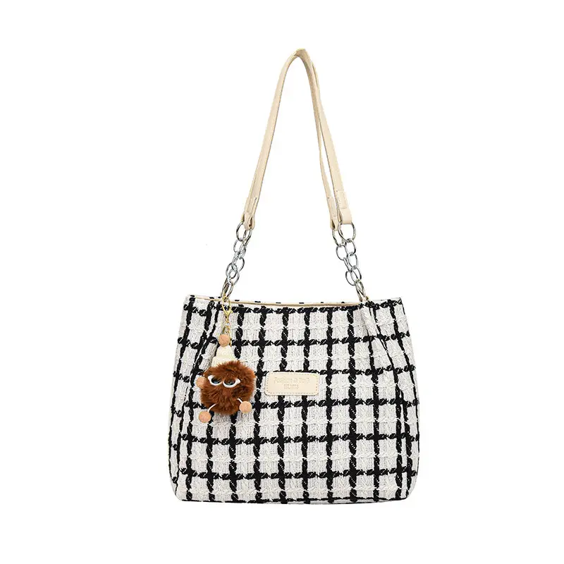 Women Woolen Plaid Shoulder Tote Bag Large Capacity 2024 - Image 9