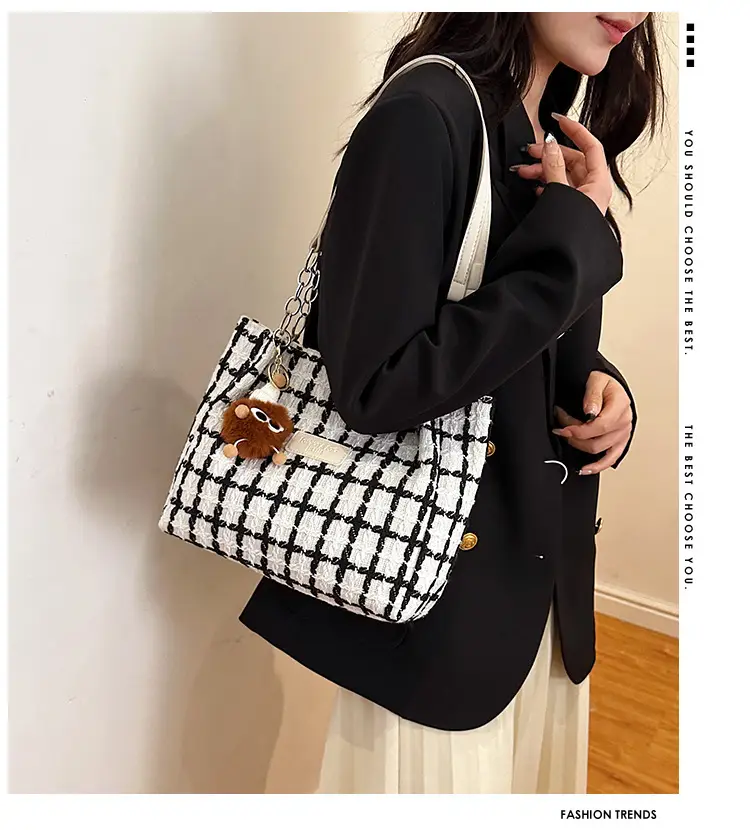 Women Woolen Plaid Shoulder Tote Bag Large Capacity 2024 — feature 1