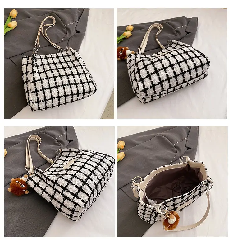 Women Woolen Plaid Shoulder Tote Bag Large Capacity 2024 — feature 14
