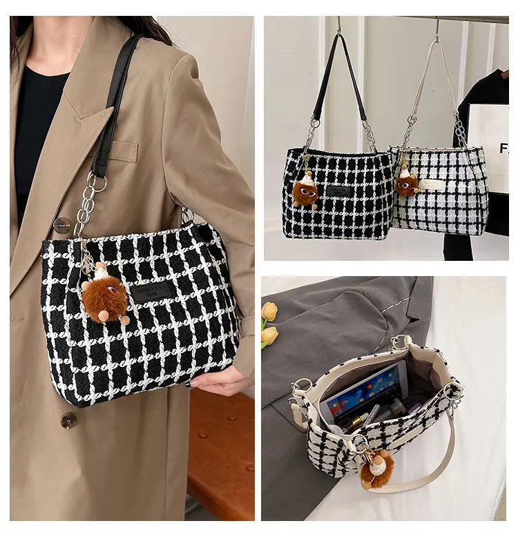 Women Woolen Plaid Shoulder Tote Bag Large Capacity 2024 — feature 15