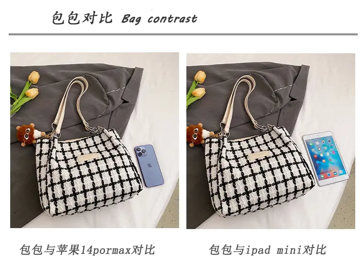 Women Woolen Plaid Shoulder Tote Bag Large Capacity 2024 — feature 4