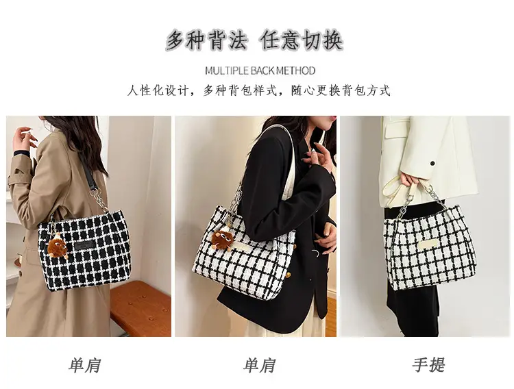 Women Woolen Plaid Shoulder Tote Bag Large Capacity 2024 — feature 5