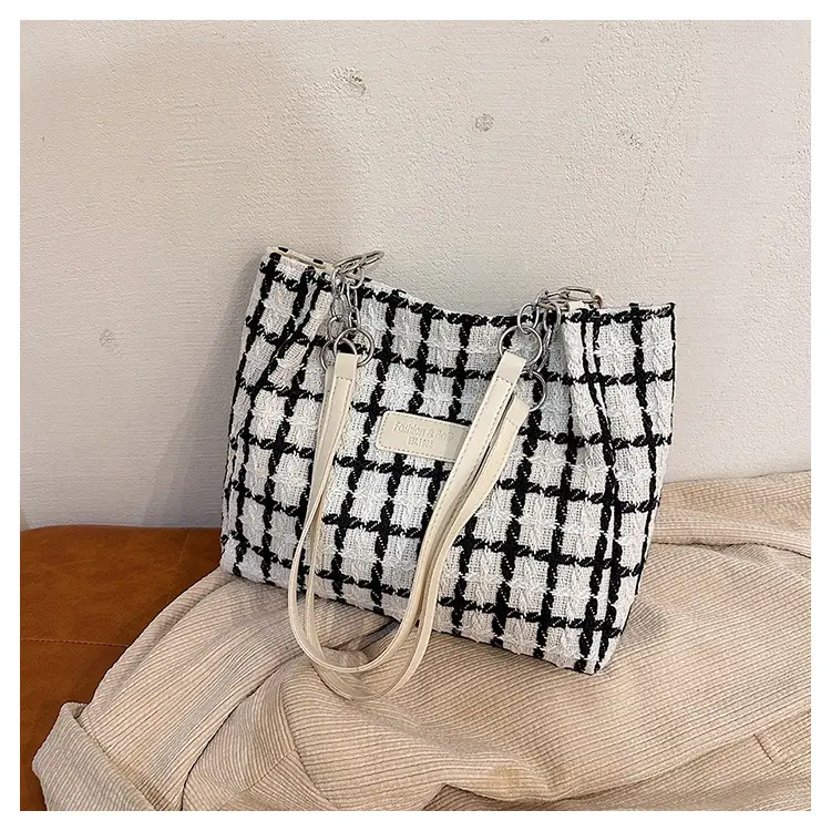 Women Woolen Plaid Shoulder Tote Bag Large Capacity 2024 - Image 3