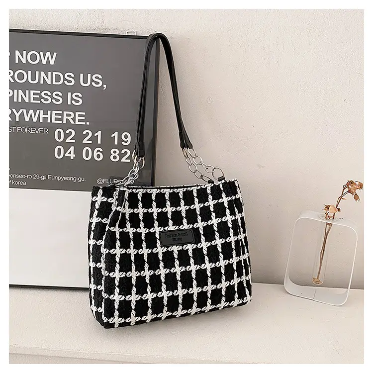 Women Woolen Plaid Shoulder Tote Bag Large Capacity 2024 - Image 4