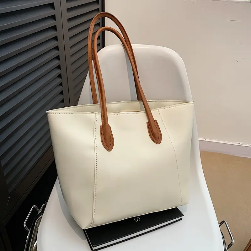 Women's Large Capacity Tote Bag White Brown Handles - Image 4