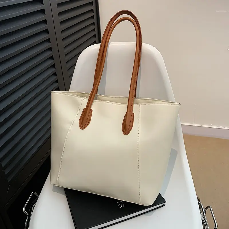 Women's Large Capacity Tote Bag White Brown Handles - Image 5