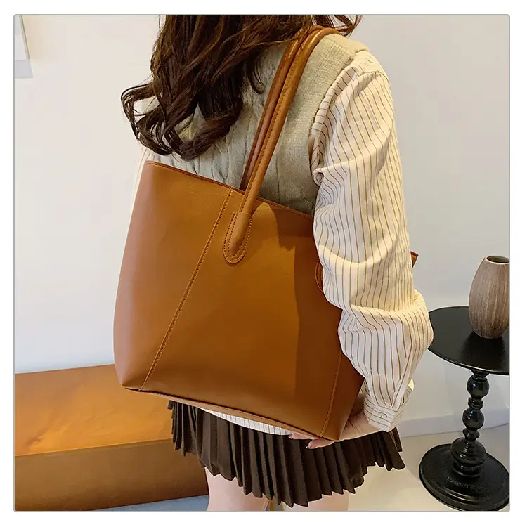 Women's Large Capacity Tote Bag White Brown Handles — feature 11