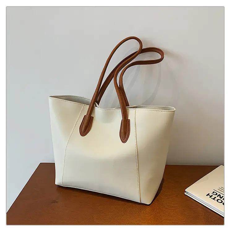 Women's Large Capacity Tote Bag White Brown Handles — feature 24