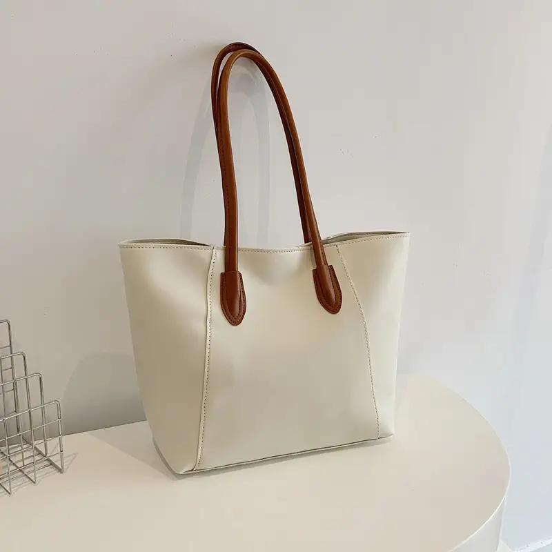 Women's Large Capacity Tote Bag White Brown Handles - Image 3
