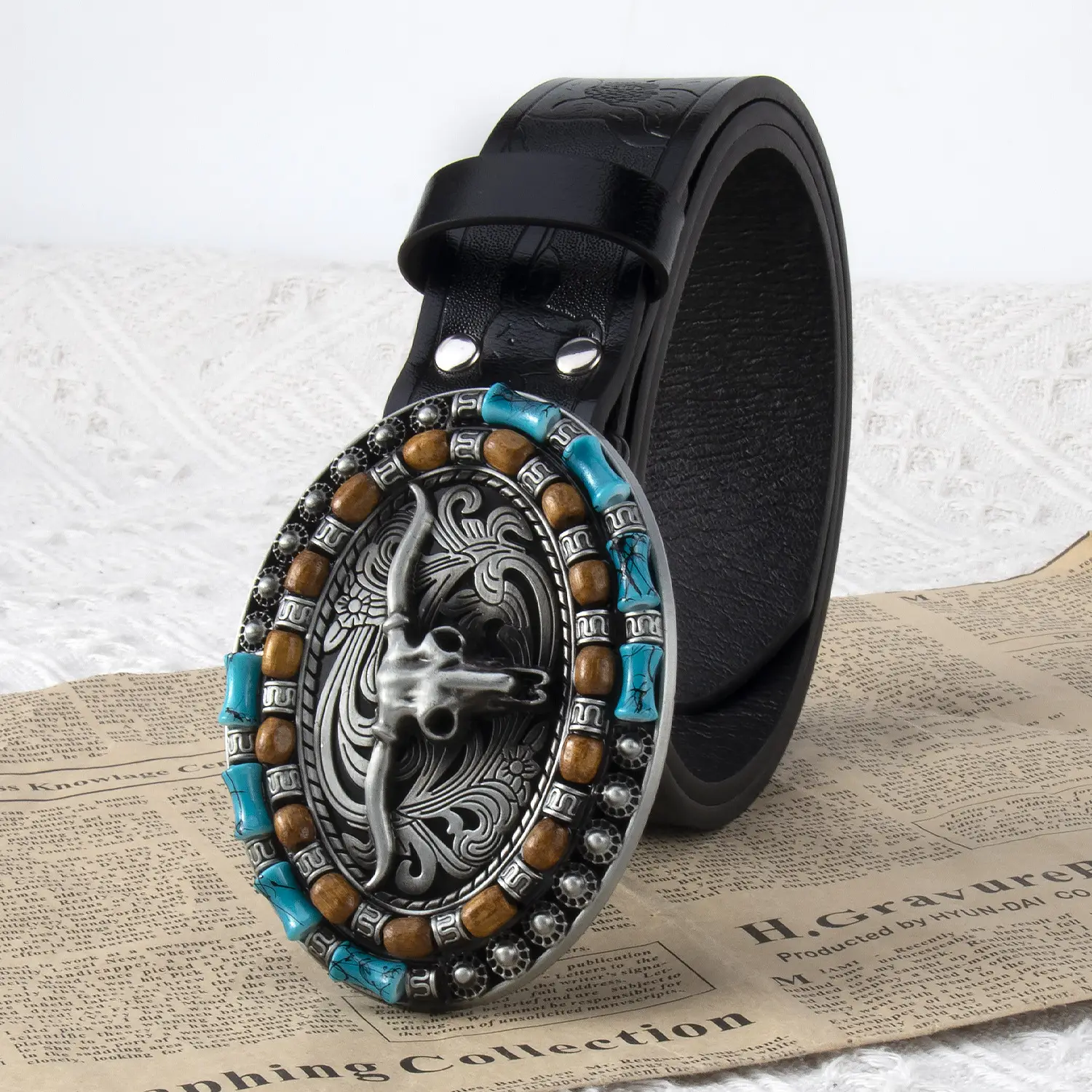 Explosive Men's Cow Head Belt with Embossed Buckle - Image 6