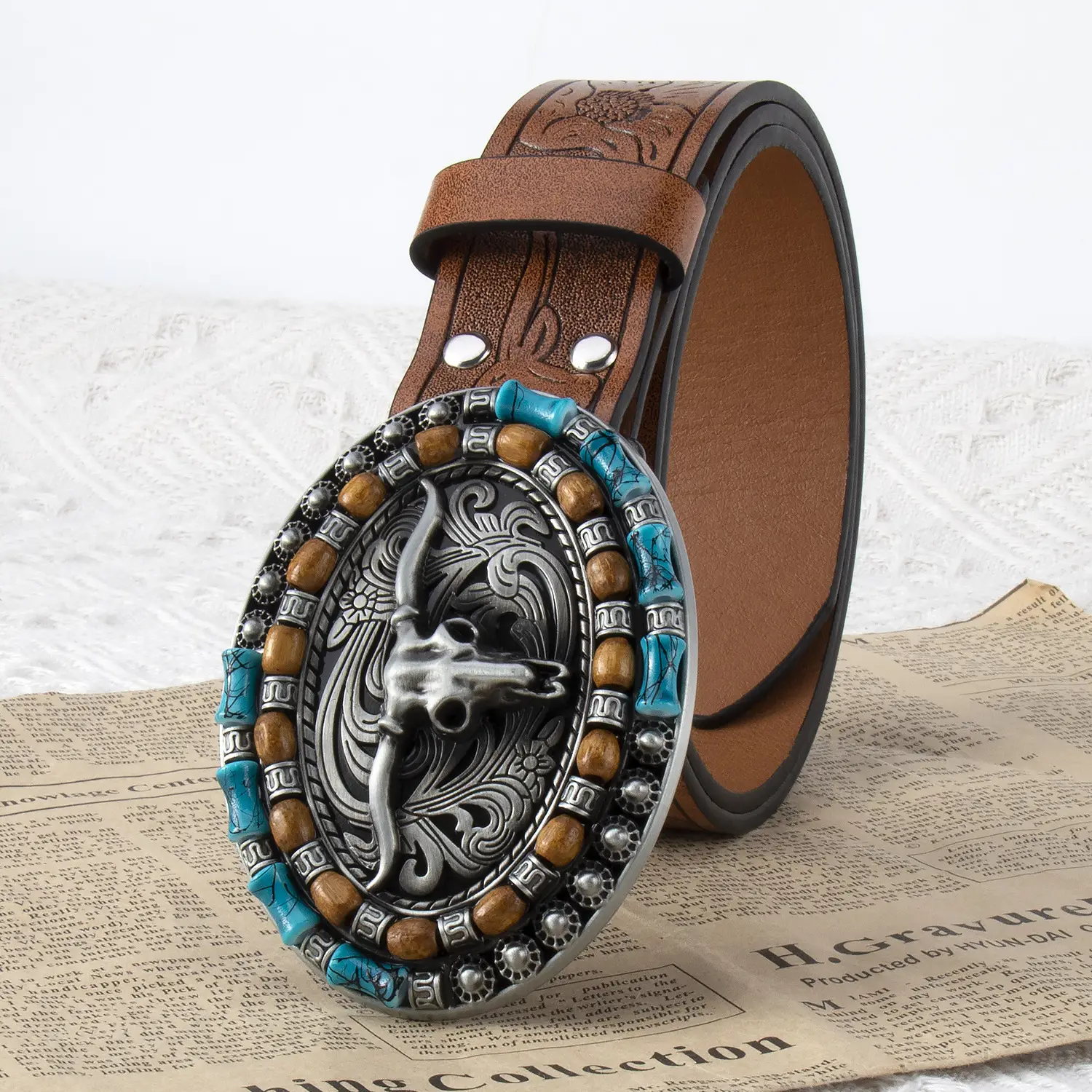 Explosive Men's Cow Head Belt with Embossed Buckle - Image 7