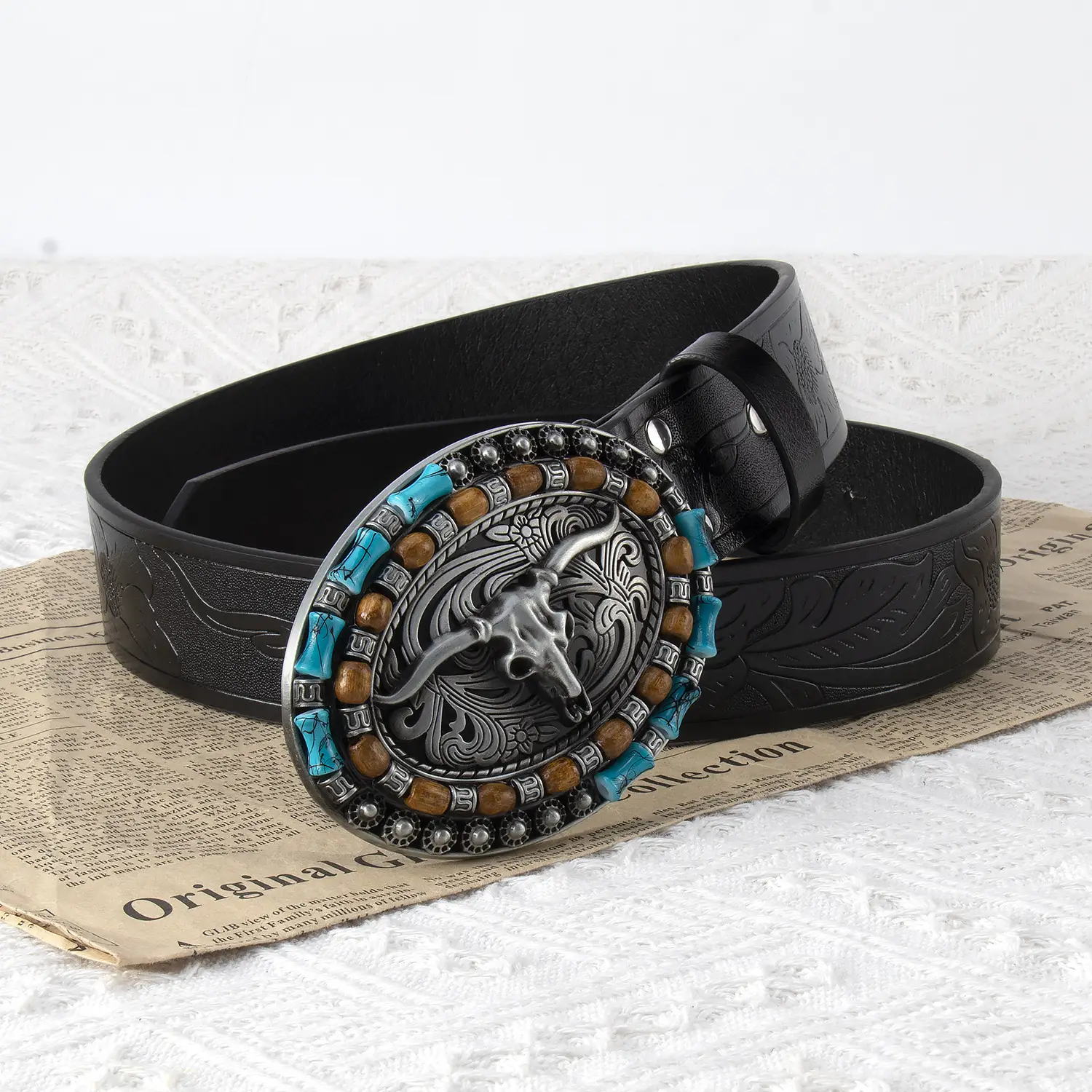 Explosive Men's Cow Head Belt with Embossed Buckle — feature 5