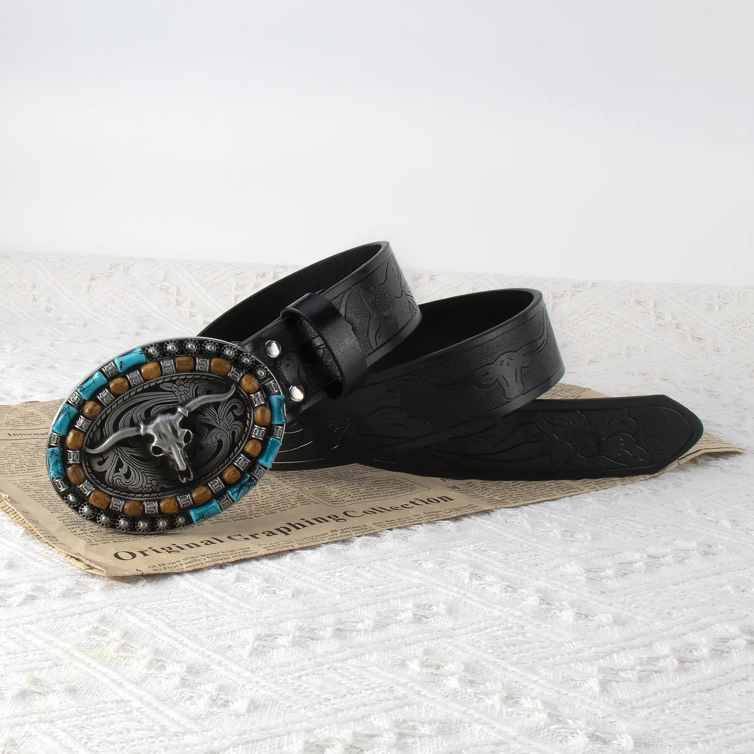 Explosive Men's Cow Head Belt with Embossed Buckle — feature 6