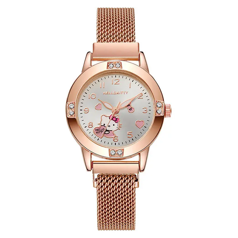 Rose Gold Diamond Women's Watch Middle School Student's Watch Women's Magnet Adsorption Band Milanese Quartz Watch Sanrio - Image 2